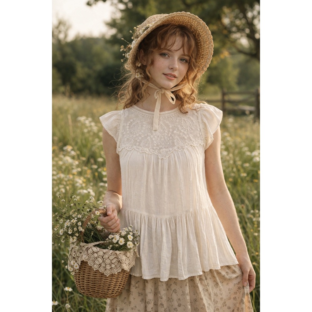 Jun & Ivy Gauze Rayon Lace Top Flutter Sleeve Babydoll Cream Top Cottagecore S